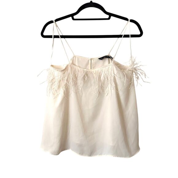 ZARA‎ Feather Trimmed Blouse Ivory Medium - Picture 1 of 4